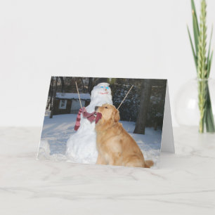 Golden Retriever Building Snowman for the Holidays Holiday Card