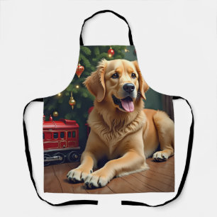 Golden Retriever by the Toy Train Christmas Apron