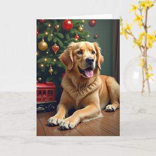 Golden Retriever by the Toy Train Christmas Card
