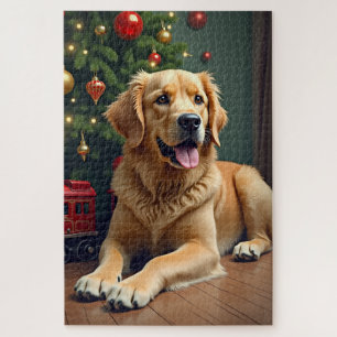 Golden Retriever by the Toy Train Christmas Jigsaw Puzzle