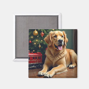 Golden Retriever by the Toy Train Christmas Magnet