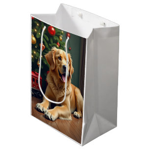 Golden Retriever by the Toy Train Christmas Medium Gift Bag