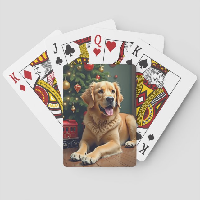 Golden Retriever by the Toy Train Christmas Playing Cards (Back)