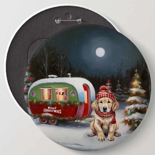 Golden Retriever Caravan Christmas Adventure 6 Inch Round Button (Front & Back)