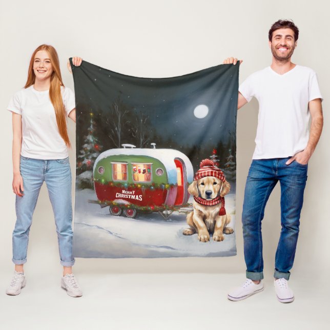 Golden Retriever Caravan Christmas Adventure Fleece Blanket (In Situ)