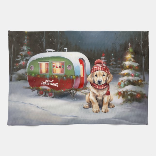 Golden Retriever Caravan Christmas Adventure Kitchen Towel (Horizontal)