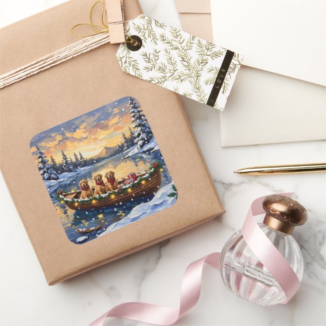 Golden Retriever Christmas Boat Holiday Square Sticker (Gifting)