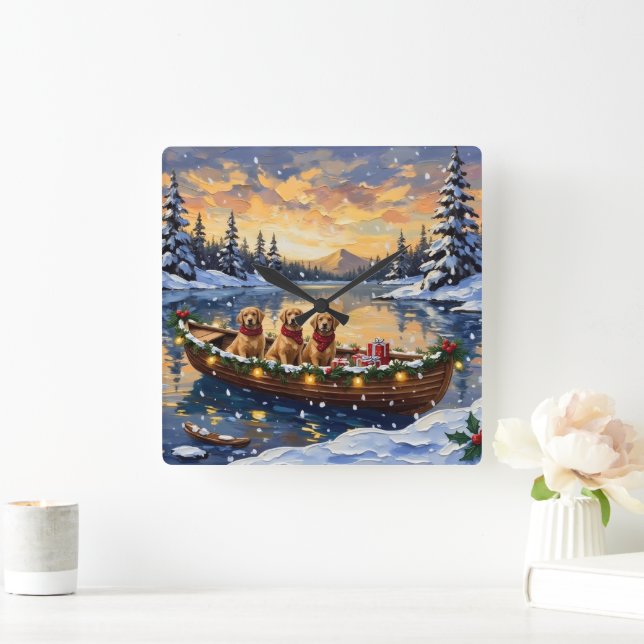 Golden Retriever Christmas Boat Holiday Square Wall Clock (Home)