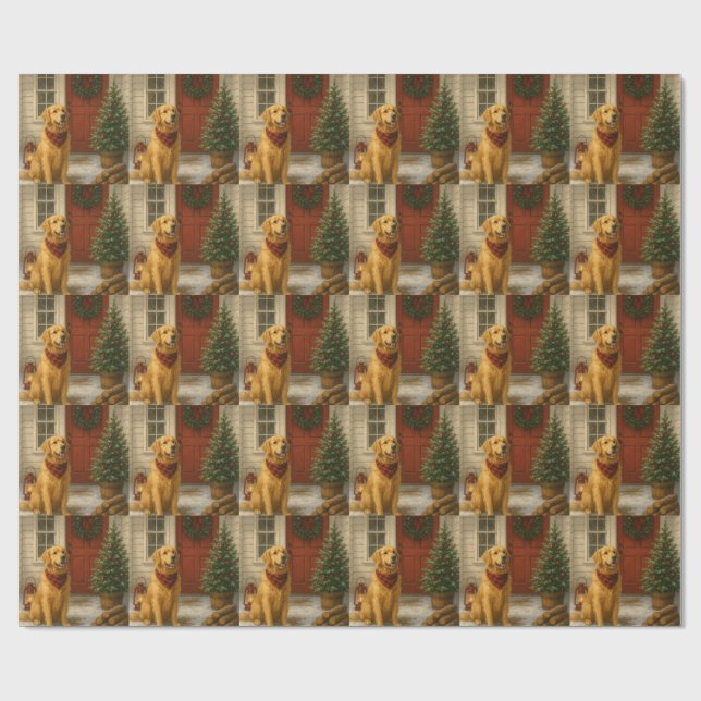 Golden Retriever Christmas Card Wrapping Paper (Flat)
