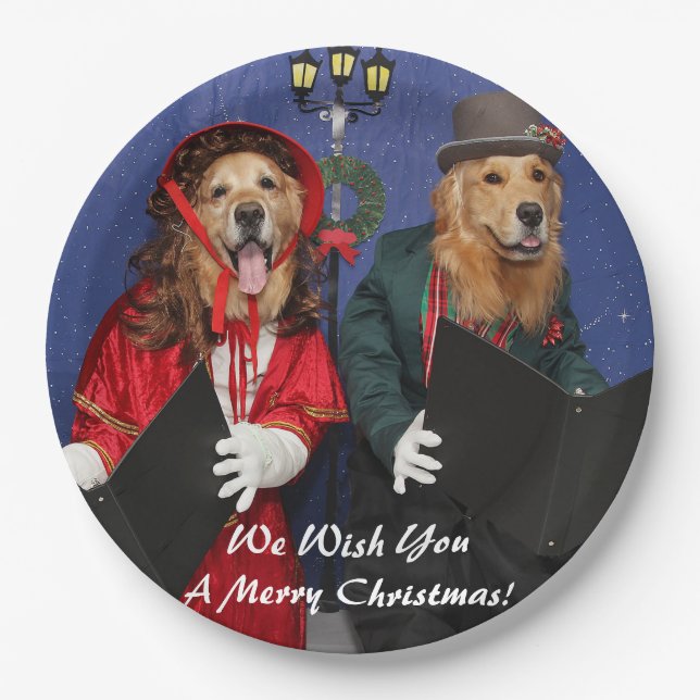 Golden Retriever Christmas Carolers Paper Plate (Front)