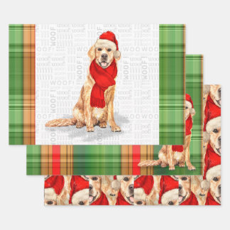 Golden Retriever Christmas Dog and Plaid Wrapping Paper Sheet