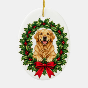 Golden Retriever Christmas Holly Wreath Ceramic Ornament