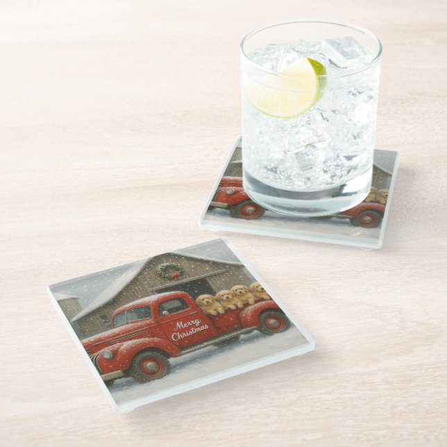 Golden Retriever Christmas Puppies in Old Truck Glass Coaster (Angled)