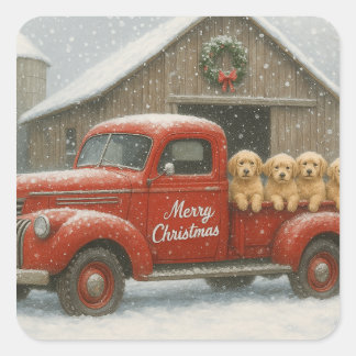Golden Retriever Christmas Puppies in Old Truck Square Sticker