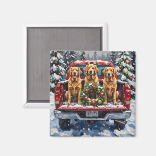 Golden Retriever Christmas Red Truck Holiday Magnet