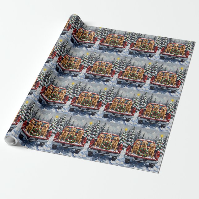 Golden Retriever Christmas Red Truck Holiday Wrapping Paper (Unrolled)