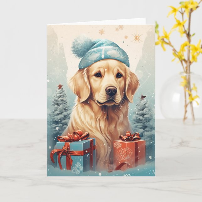 Golden Retriever Christmas – Santa Hat and Sn Card (Yellow Flower)