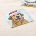 Golden Retriever, Christmas Santa hat Custom Text Square Paper Coaster<br><div class="desc">A super cute set of coasters featuring a watercolor rendering of a Golden Retriever wearing a Santa hat. Or you can replace with your own photo.  Add your text to customize.  Perfect for Golden Moms/Dads and dog lovers.</div>