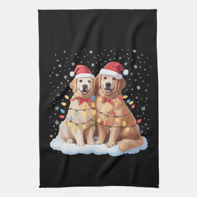 Golden Retriever Christmas Santa Hat Reindeer  Kitchen Towel (Vertical)