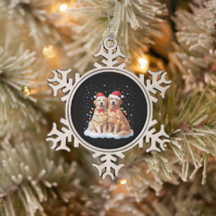 Golden Retriever Christmas Santa Hat Reindeer  Snowflake Pewter Christmas Ornament