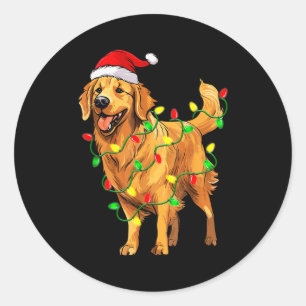 Golden Retriever Christmas Santa Hat Tree Lights P Classic Round Sticker