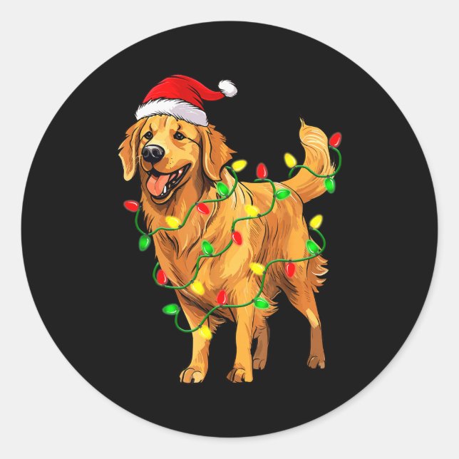 Golden Retriever Christmas Santa Hat Tree Lights P Classic Round Sticker (Front)
