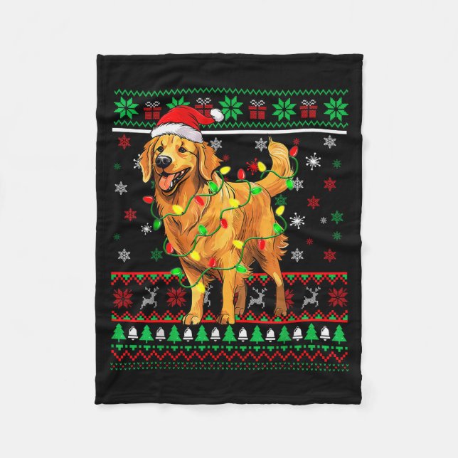 Golden Retriever Christmas Santa Hat Tree Lights P Fleece Blanket (Front)