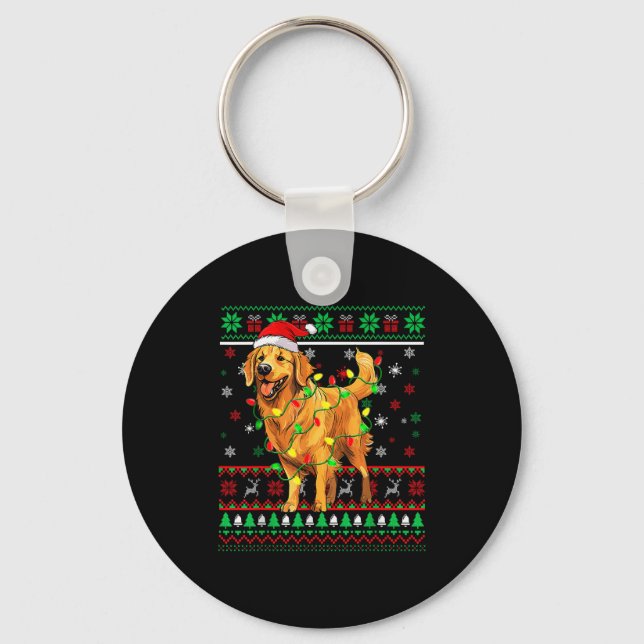 Golden Retriever Christmas Santa Hat Tree Lights P Keychain (Front)