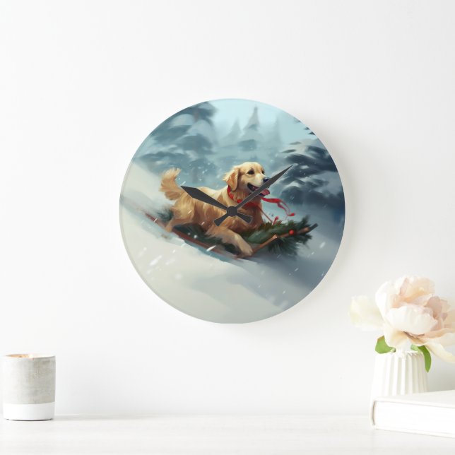 Golden Retriever Christmas snow winter  Large Clock (Home)