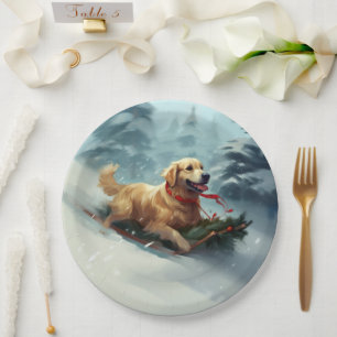 Golden Retriever Christmas snow winter  Paper Plate