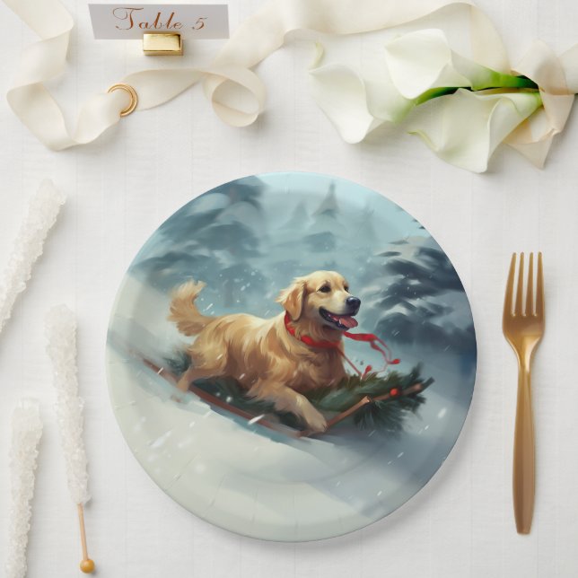 Golden Retriever Christmas snow winter  Paper Plate (Wedding)