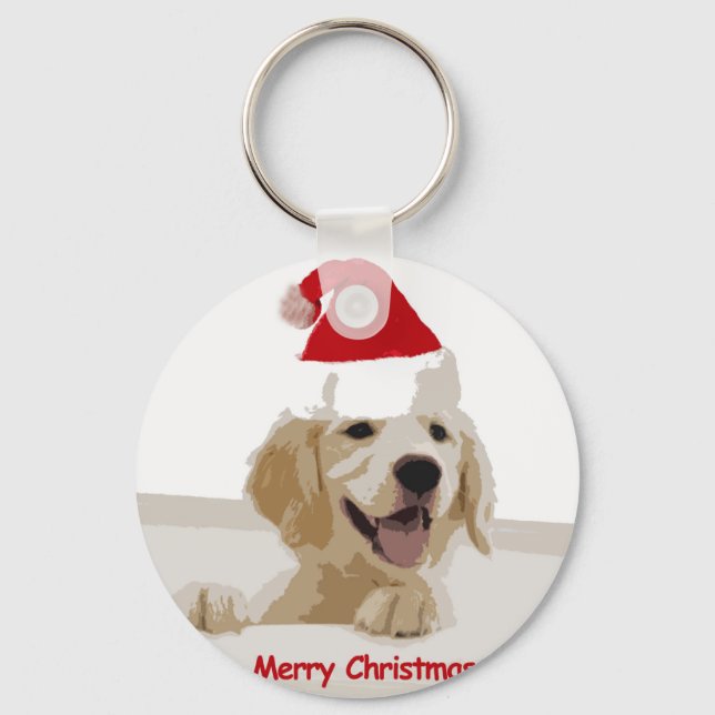 Golden Retriever Christmas with Santa Hat Keychain (Front)