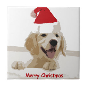Golden Retriever Christmas with Santa Hat Tile