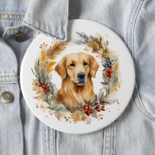 Golden Retriever Christmas Wreath Festive Pup 6 Inch Round Button