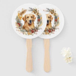 Golden Retriever Christmas Wreath Festive Pup Hand Fan