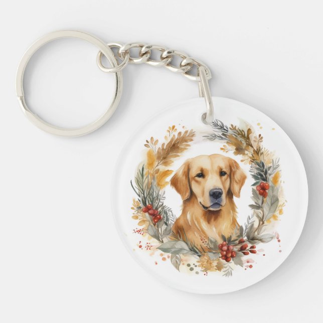 Golden Retriever Christmas Wreath Festive Pup Keychain (Front)