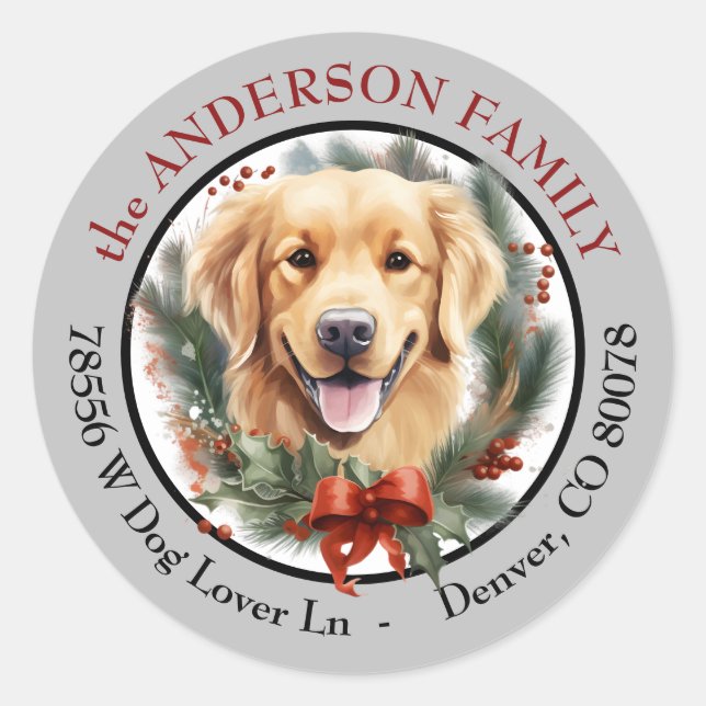 Golden Retriever Christmas Wreath Return Address Classic Round Sticker (Front)