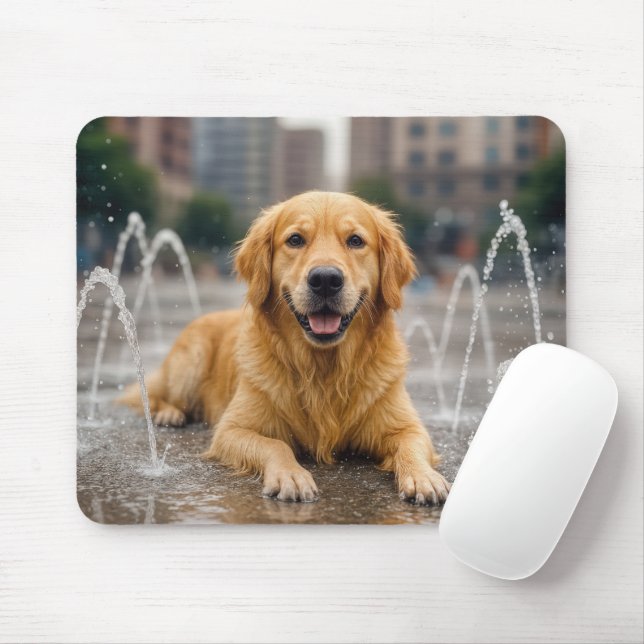Golden Retriever Cooling Off In a Splash Pad Mouse Pad (With Mouse)
