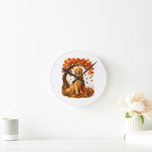 Golden Retriever Cozy Autumn Thanksgiving Round Clock