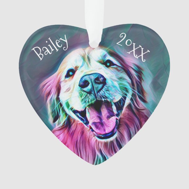 Golden Retriever Custom Name Year Neon Christmas Ornament (Front)