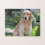 Golden Retriever Cute Dog Photo Flowers Pet Jigsaw Puzzle<br><div class="desc">Beautiful golden retriever dog puzzle featuring a beautiful pup in front of pretty yellow flowers and green grass. A cute pet puzzle for a puppy lover.</div>