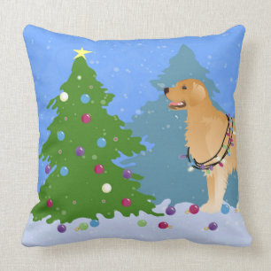 Golden Retriever Decorating Christmas Tree Throw Pillow