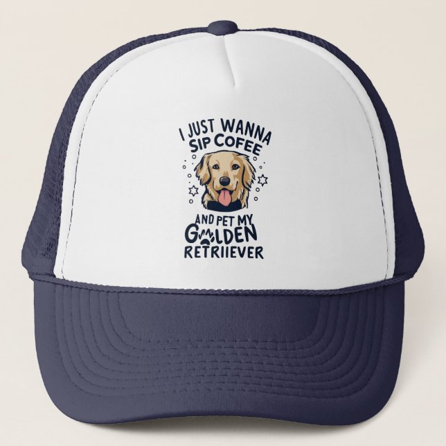 Golden Retriever Dog And Coffee Lovers Trucker Hat (Front)