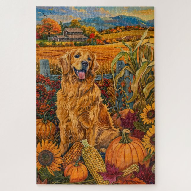 Golden Retriever Dog Autumn Harvest Thanksgiving Jigsaw Puzzle (Vertical)