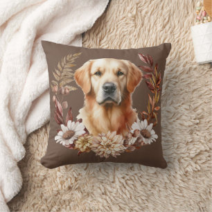 Golden Retriever Dog Autumn Wreath Throw Pillow