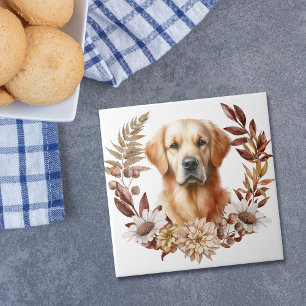 Golden Retriever Dog Autumn Wreath Tile