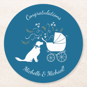Golden Retriever Dog Baby Shower Blue Boy Round Paper Coaster