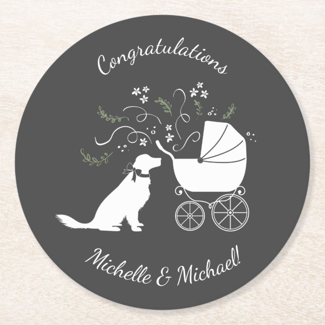 Golden Retriever Dog Baby Shower Gender Neutral Round Paper Coaster (Front)
