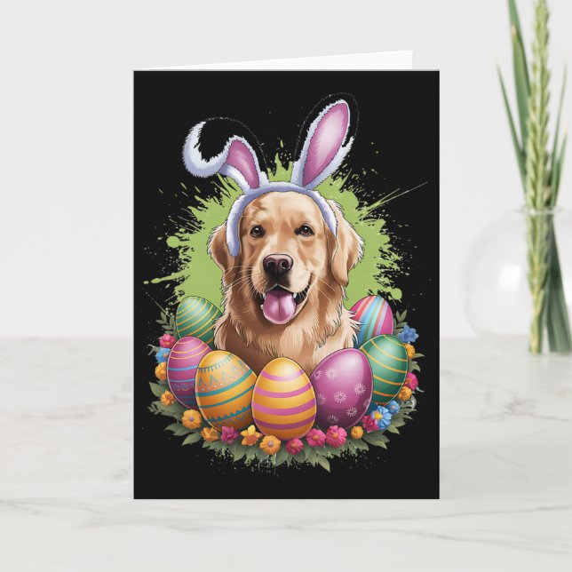 Golden Retriever Dog Bunny Ears Easter Eggs Spring Card (Front)