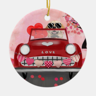 Golden Retriever Dog Car with Hearts Valentine's Ceramic Ornament